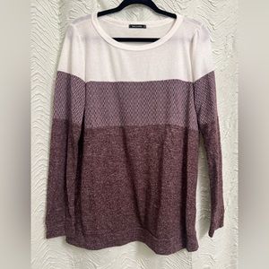 Lightweight color lock sweater; boutique brand. Purple and cream in color.